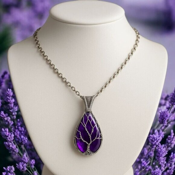 Hand Crafted Jewelry - Tree of Life ✦ Wire Wrapped Necklace ✦ Purple Fire Labradorite w/ Copper 2.76"